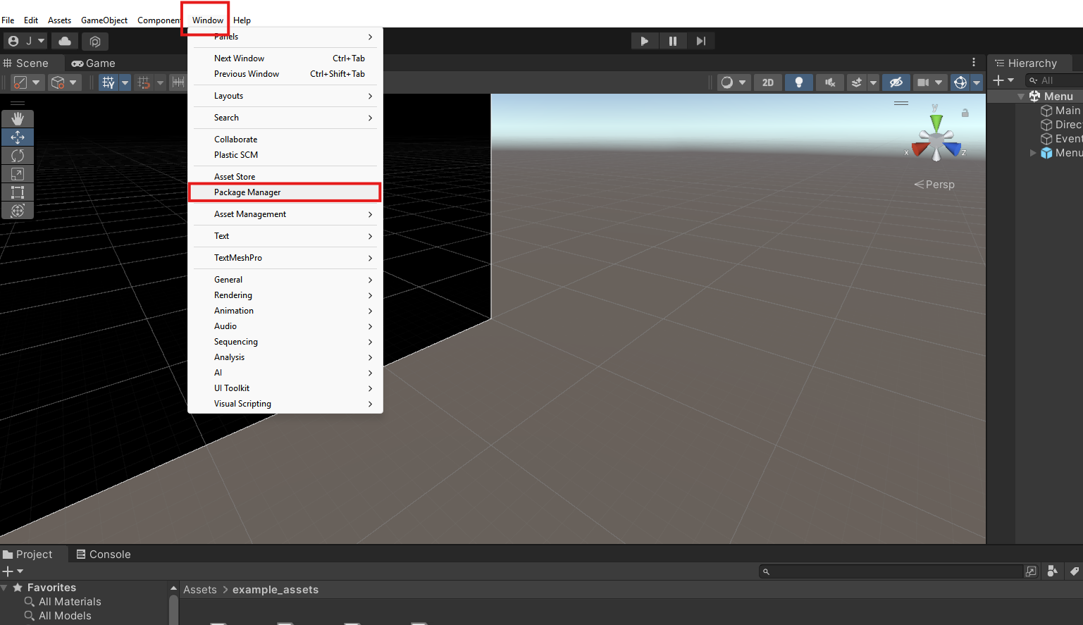 Open Package Manager: Step 1 for download gltfast package